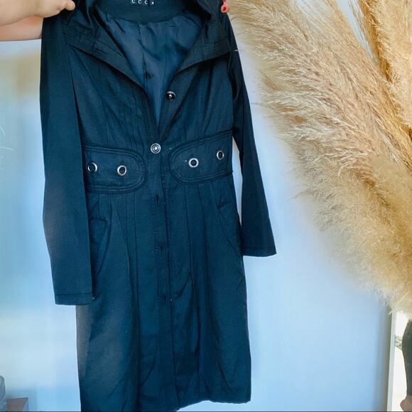 VINTAGE 90s CCC Washed Black Grey Tie Corset Back Button Trench Coat Jacket M - Picture 7 of 10